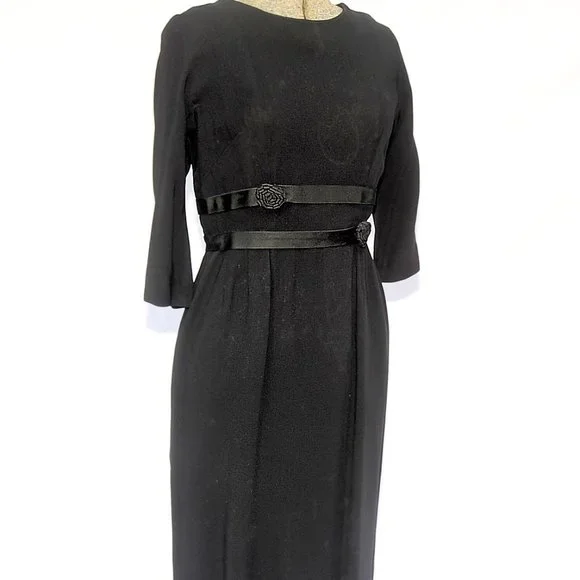 Vintage 50's 60's Black Crepe Cocktail Party Dress Ribbon Rosettes SM by Pavelle - Picture 5 of 10
